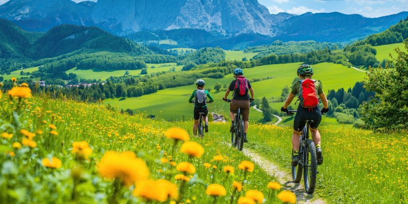 Tres personas andando en bicicleta en el campo rodeados de flores amarillas