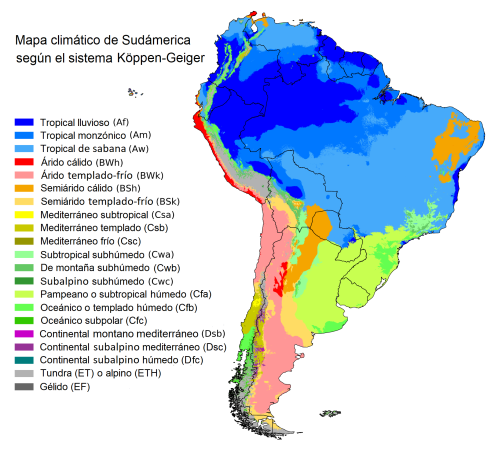 Ilustración de un mapa climático de Sudamérica. 