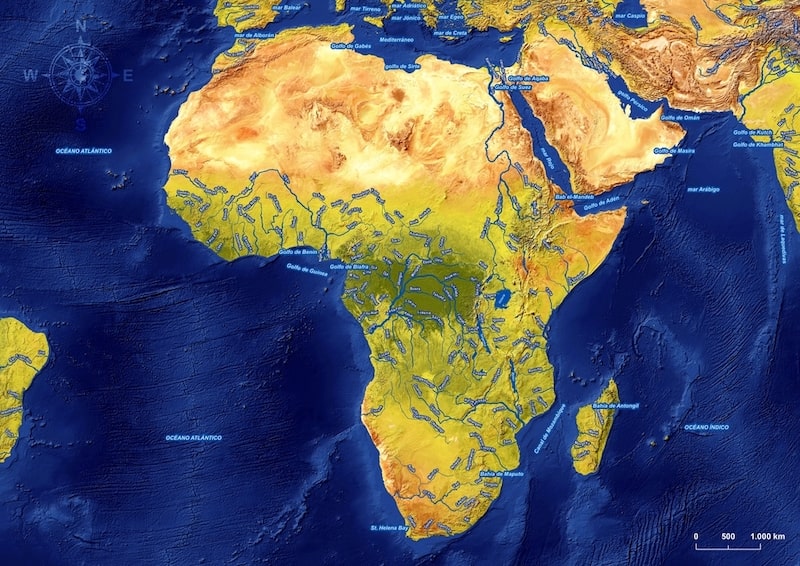 paises de africa mapa satelital hidrografico