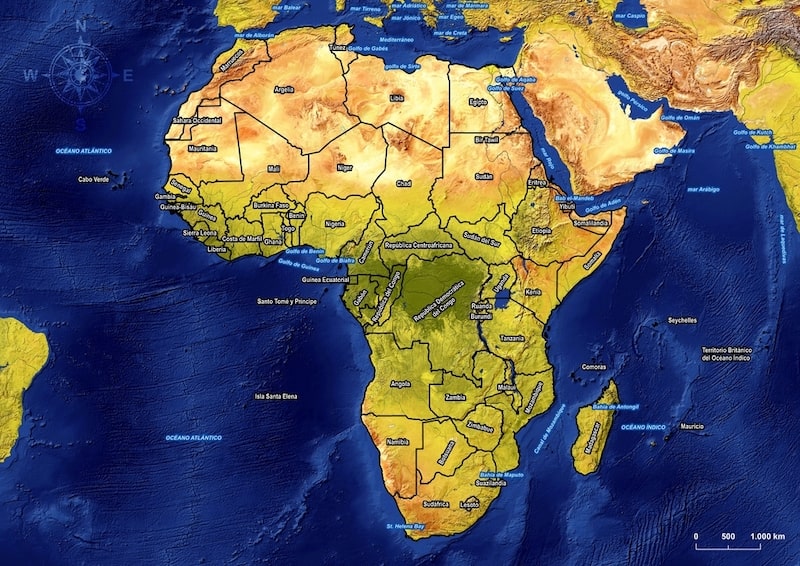 paises de africa mapa satelital politico