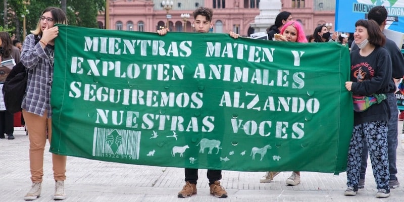 Los manifestantes sostienen un cartel y rechazan la crueldad contra los animales