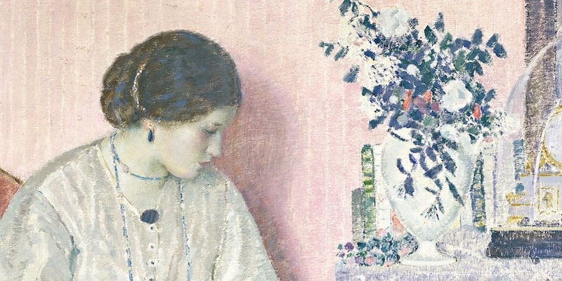 Una mujer en actitud melancólica en la pintura de Frieseke.