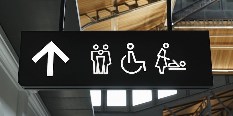 El lenguaje visual de las señales indica dónde están ubicados los baños y sus servicios.