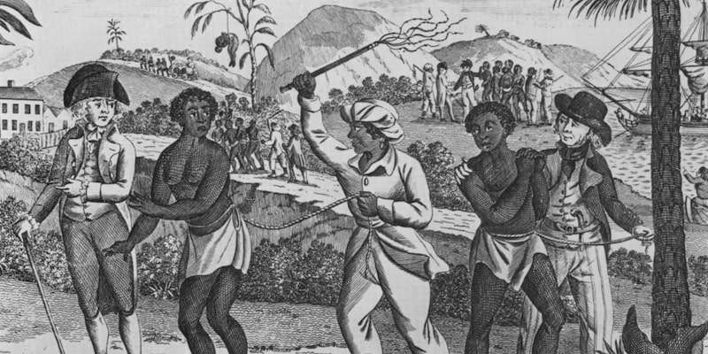 Una ilustración muestra la explotación de los esclavos por parte de los colonizadores.