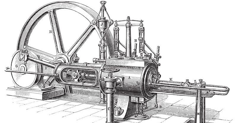 Una ilustración muestra el funcionamiento de una máquina de vapor utilizada en la industria.