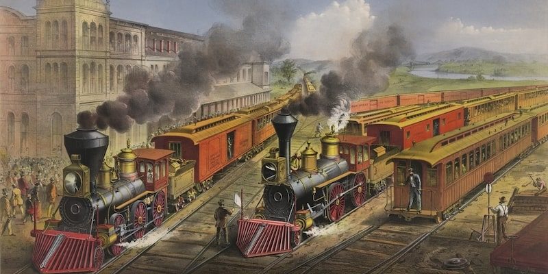 Una ilustración muestra la llegada y salida de trenes a fines del siglo diecinueve.