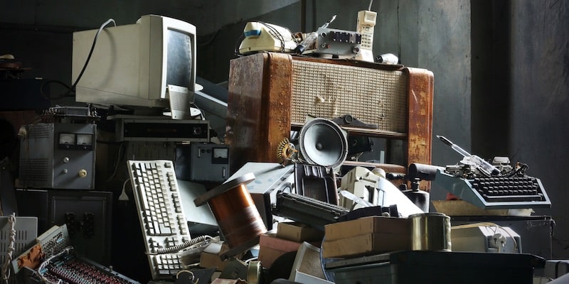 Un conjunto de computadoras, radios y teléfonos antiguos se volvieron obsoletos.
