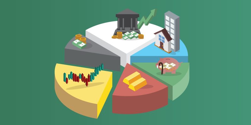 Ilustración de un gráfico de torta mostrando diferentes inversiones.